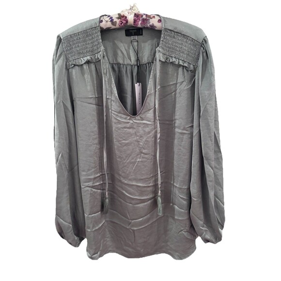 Tahari Pleated Satin Ruffle Blouse Top 2X Peasant Boho - Picture 1 of 7